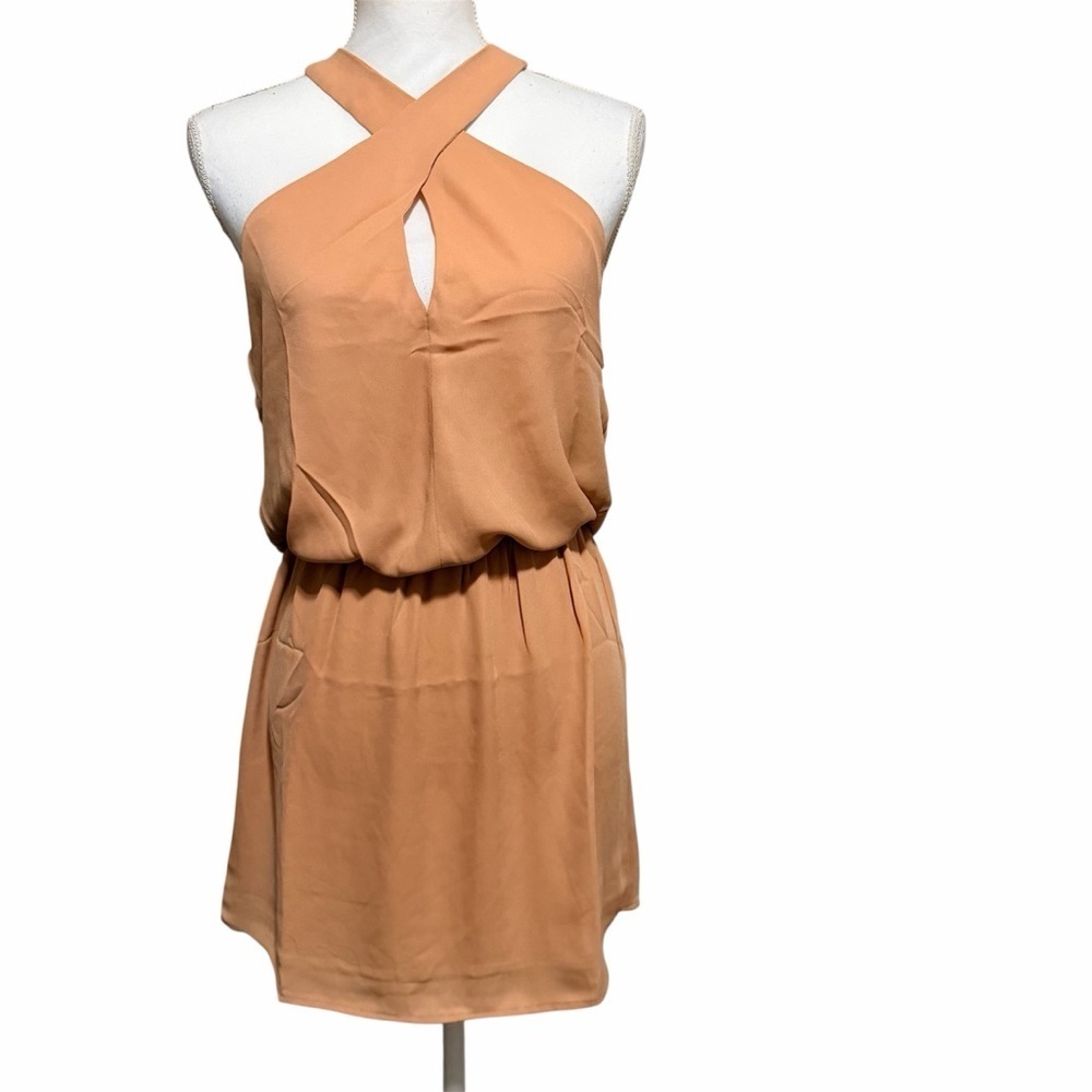 NWT Revolve Krisa wrap front halter mini dress womens size medium in tan
